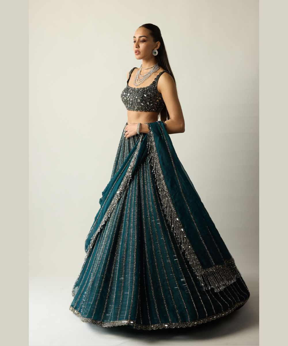 Dark Teal Linear Lehenga Set