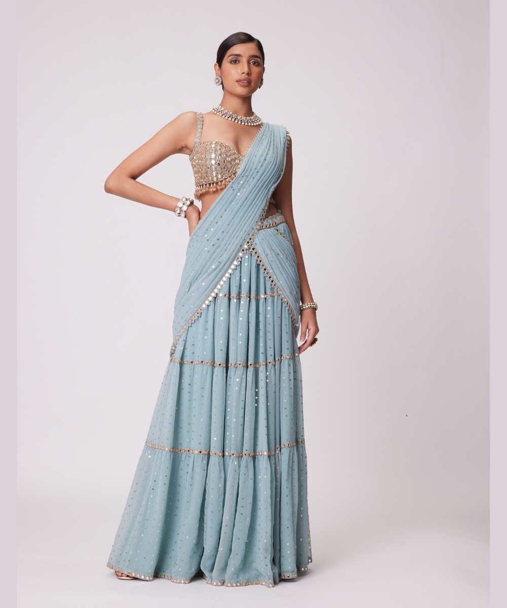 POWDER BLUE MULTI TIER SAREE SET -  Collection name Jugmug Bride by Vvani Vats