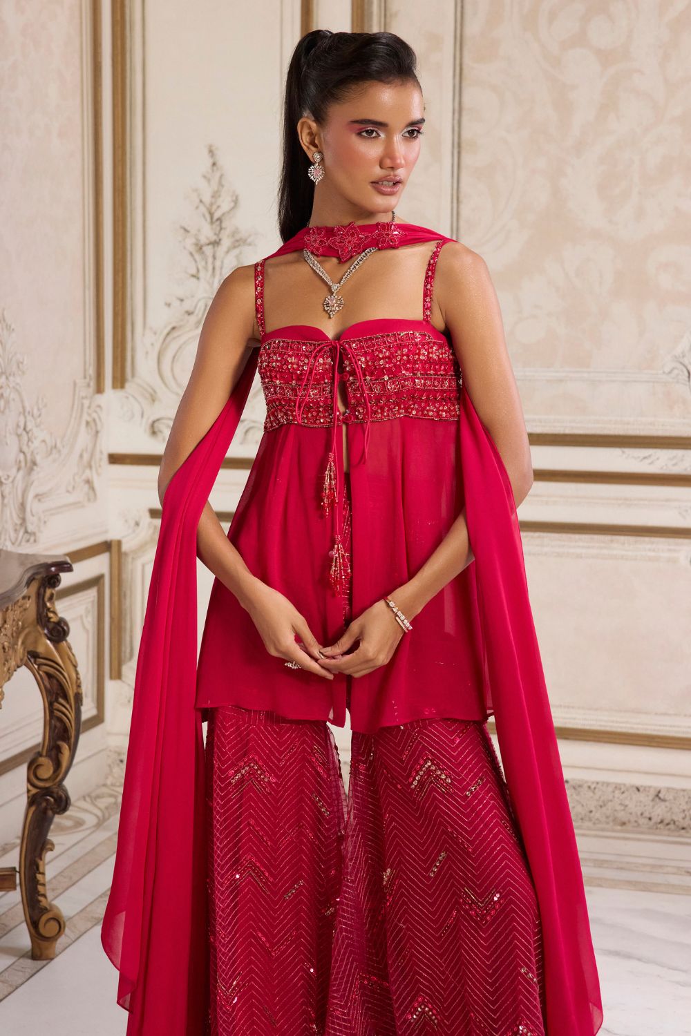 Sanya Gulati - Magenta Flowy Peplum With Sharara Set from Param Sundari