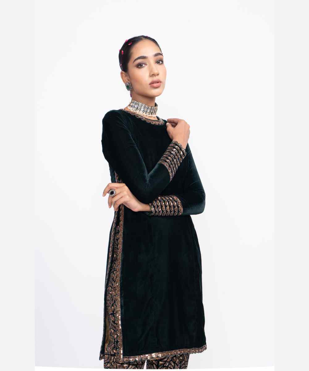 Deep green velvet kurta set