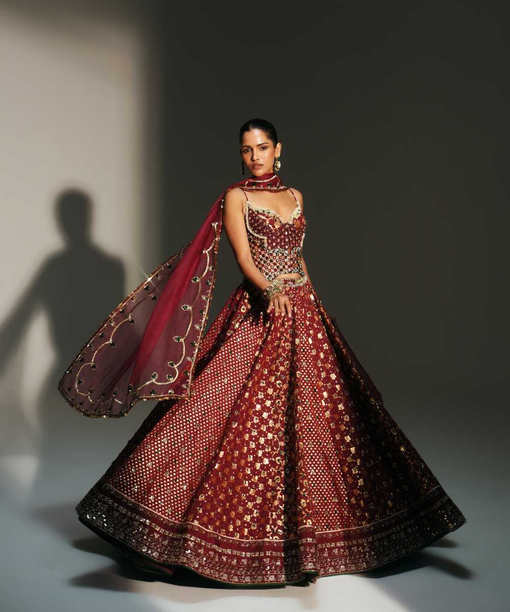 MALA - HEAVY HAND EMBROIDERED KALI LEHENGA WITH CORSET AND DUPATTA - Mehfil by Mahima Mahajan