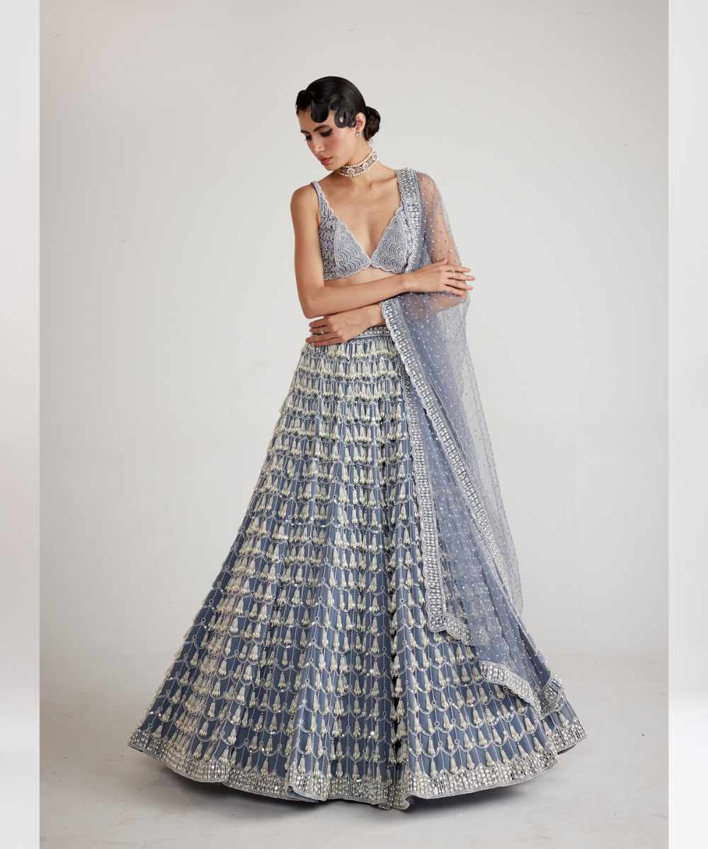 Dark Grey Chandelier Pearl Drop Lehenga Set - Collection name Piroi by Vvani vats