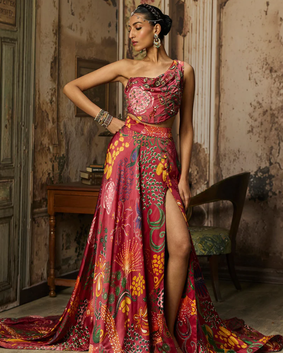 Diya Rajvvir - Deep Red Printed And Highlighted Slit Skirt Set from Bahaar