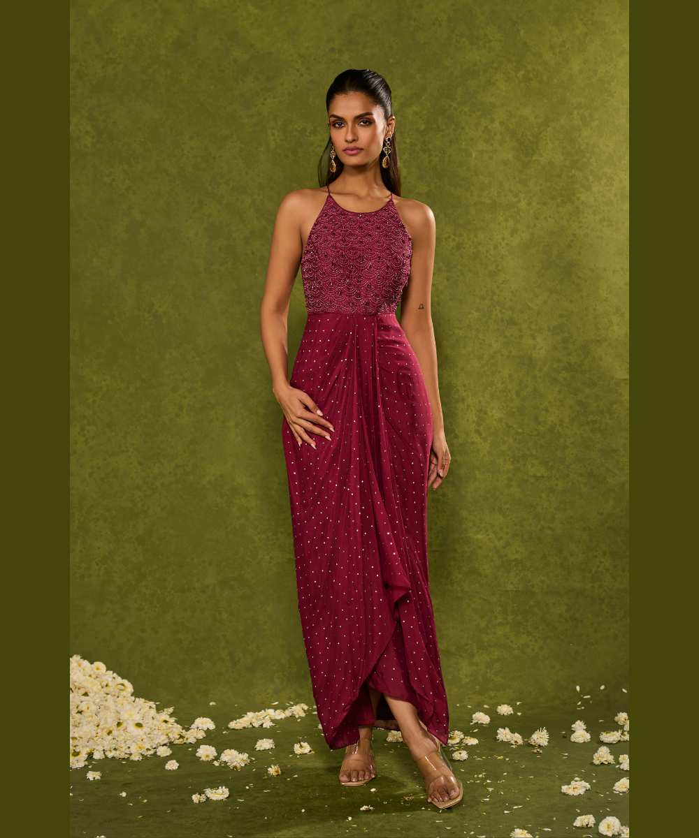 JASMINE COWL DRESS - Cascade gown with a delicately embellished halter-neck bodice - Leher by Chamee and Palak