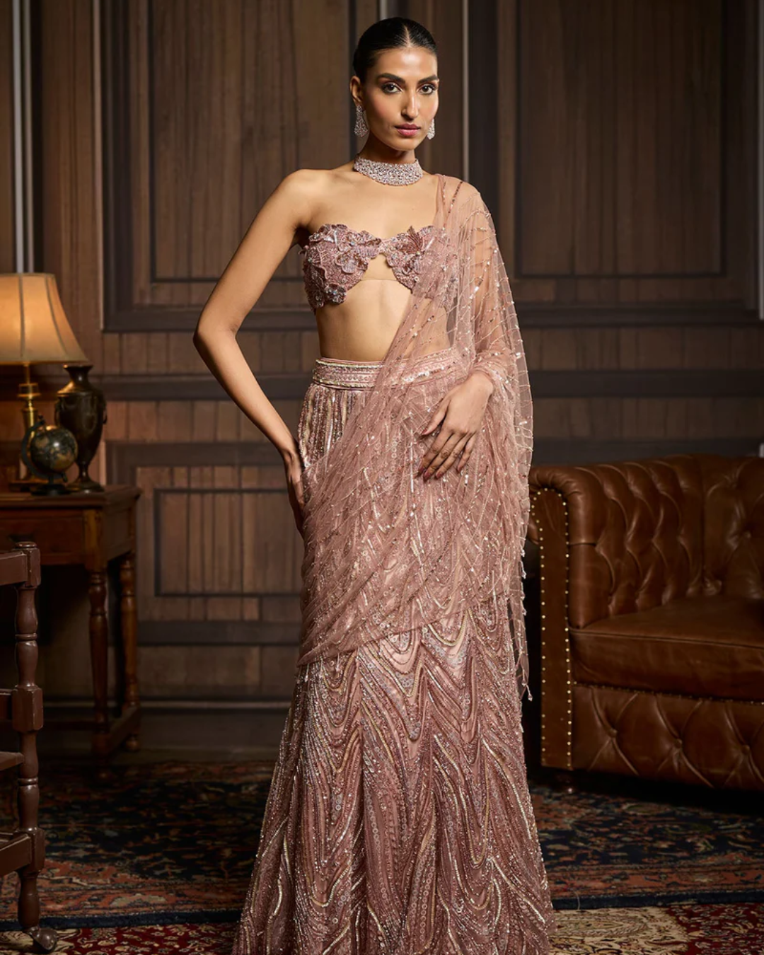 Diya Rajvvir - Blush Pink Embellished Pre-Draped Skirt Saree Set from Taara