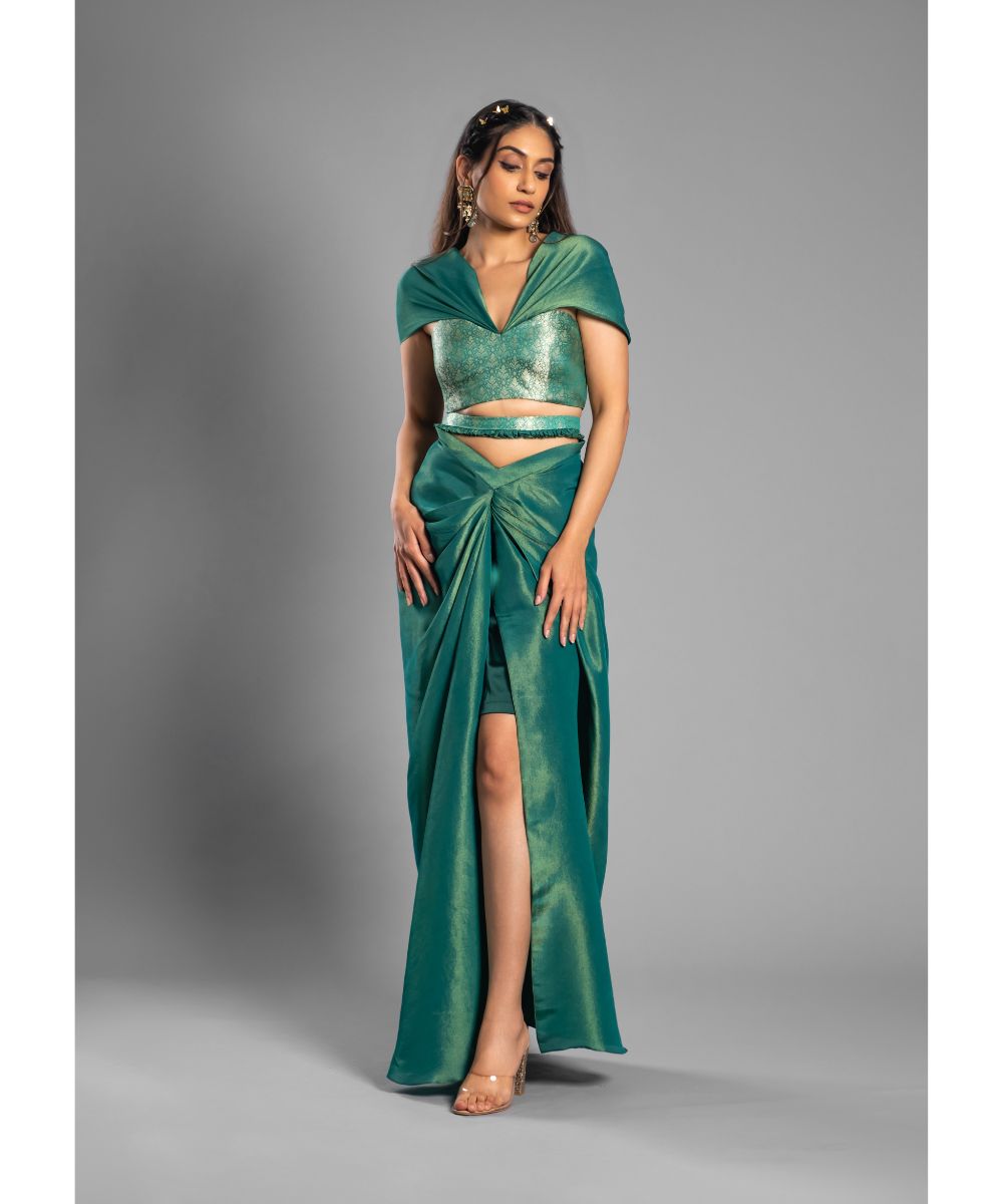 Aastha Sood - Emerald green Skirt set Draped off shoulder Brocade Blouse