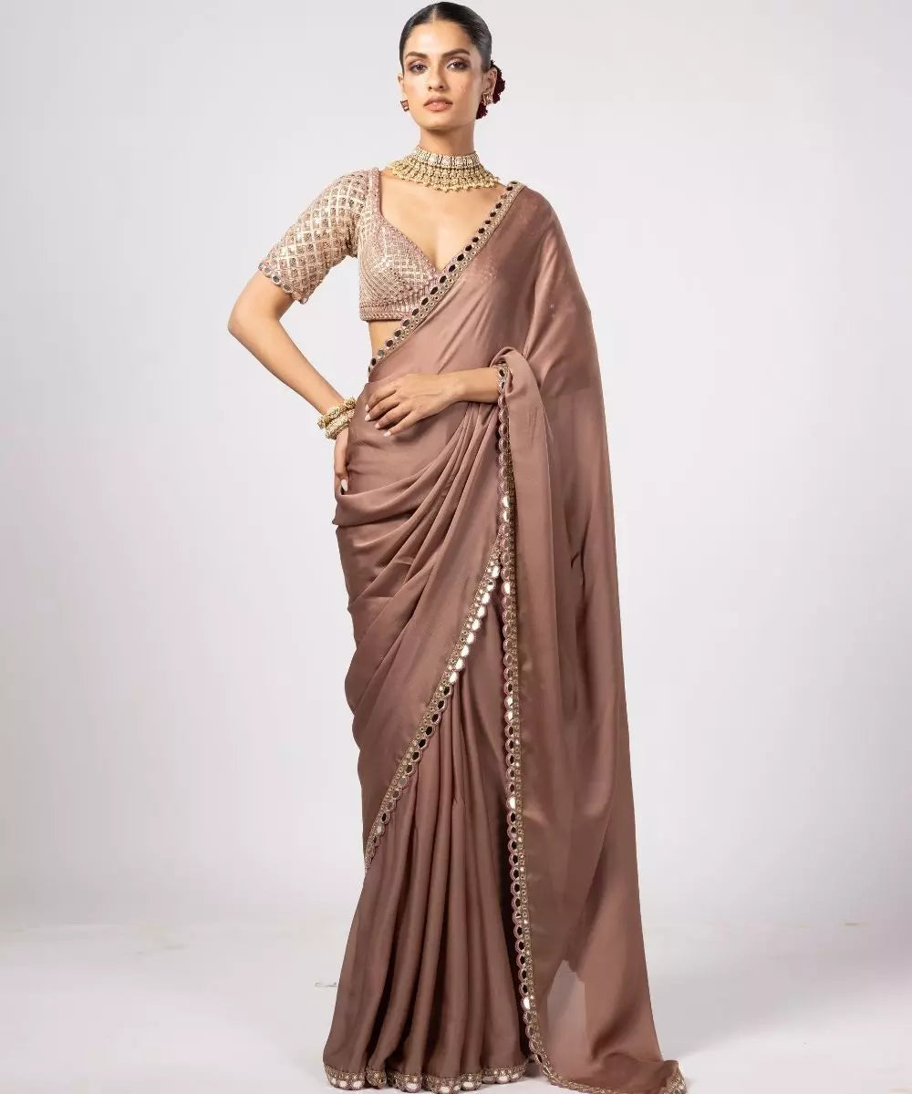 VVANI VATS - Deep beige Satin Saree with Sweetheart Neck Blouse