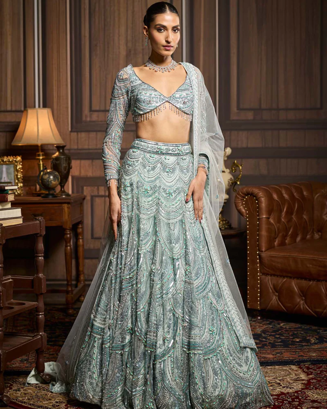 Diya Rajvvir - Ice Blue Fully Embellished Lehenga Set from Taara