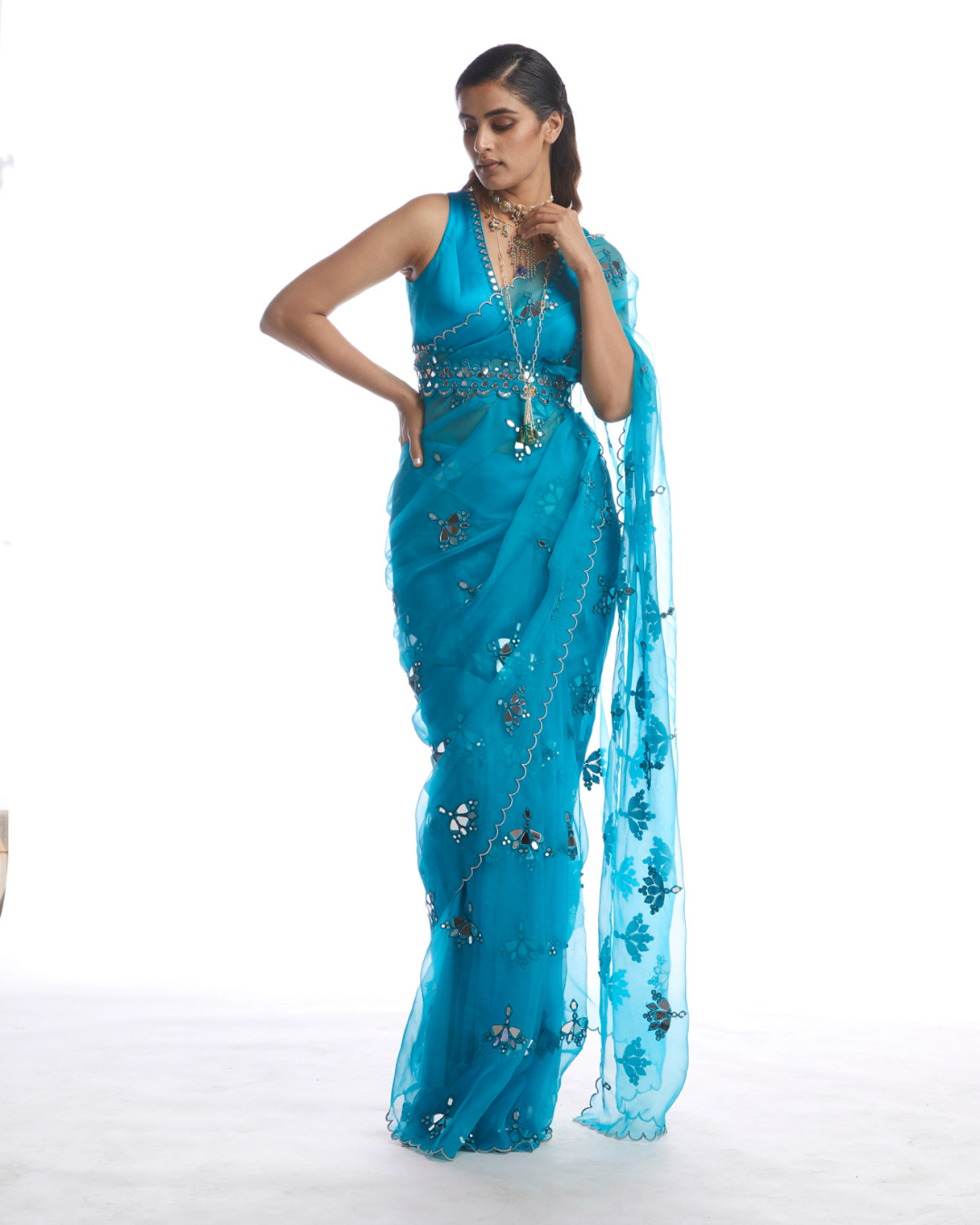 Vvani Vats -  Turqoise Blue Mirror Cut Work Saree Set from Chamak