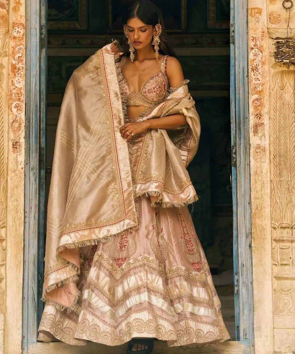 Aditi Gupta - Rose Gold silk zari tissue with Pearl gold zari tissue dupatta Lehenga Set