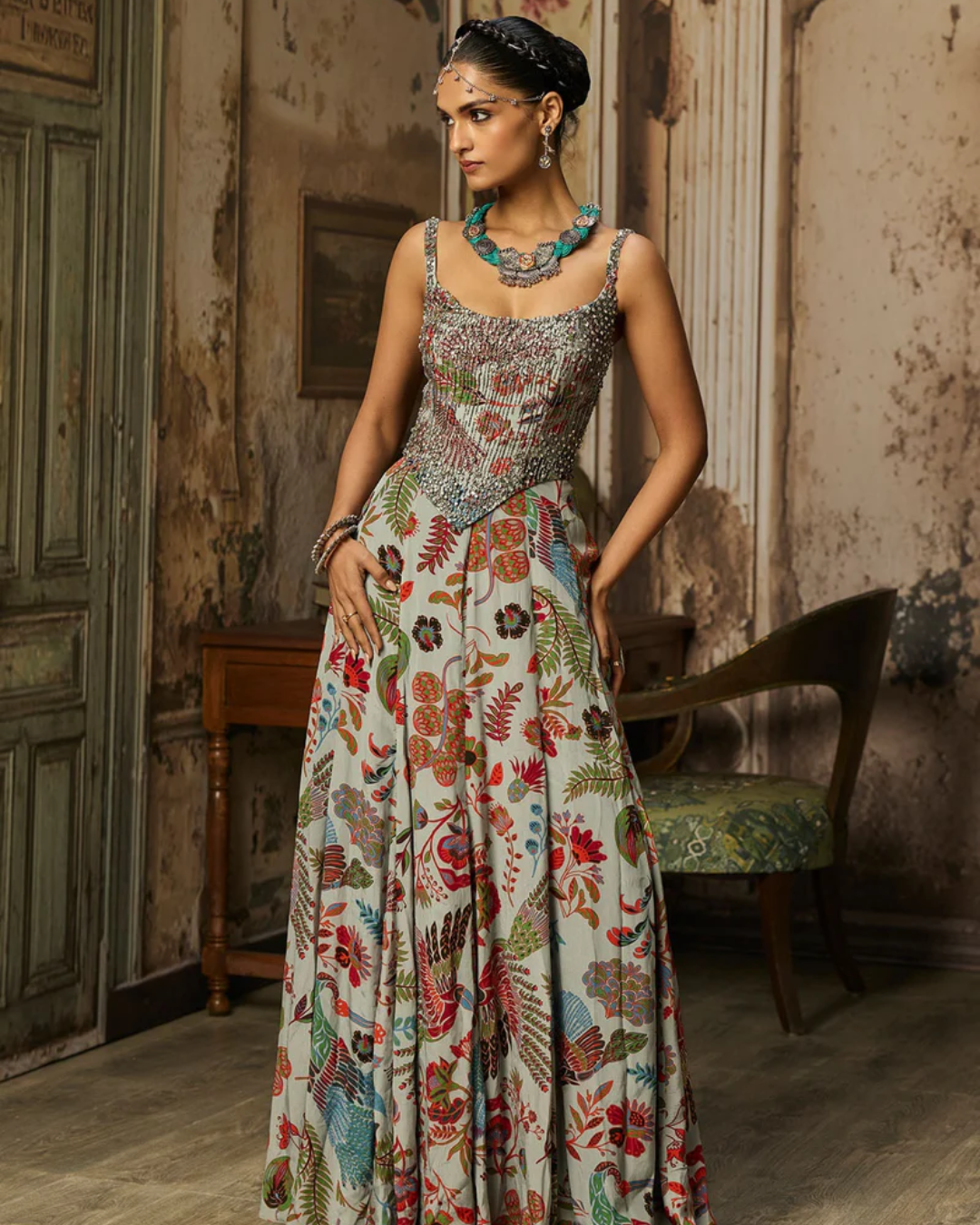 Diya Rajvvir - Slate Grey Printed And Highlighted Corset Gown from Bahaar