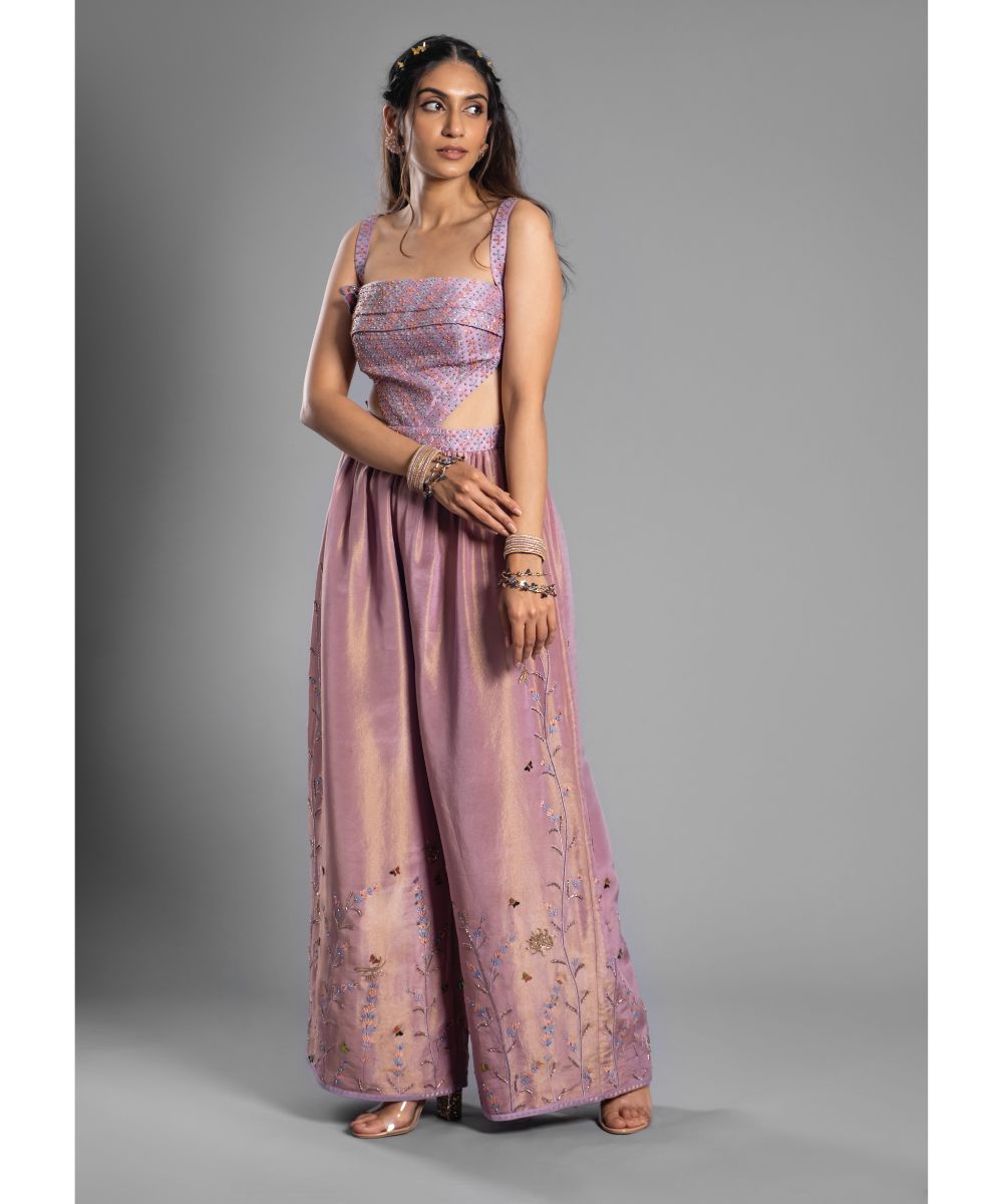 Aastha Sood - Lavender hued Jumpsuit Hand Embroidered Brocade draped Bodice and silk tissue Pants