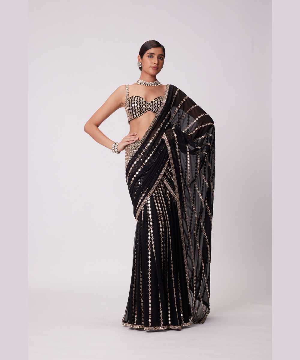 BLACK PRE DRAPED SAREE SET - Jugmug Bride by Vvani Vats
