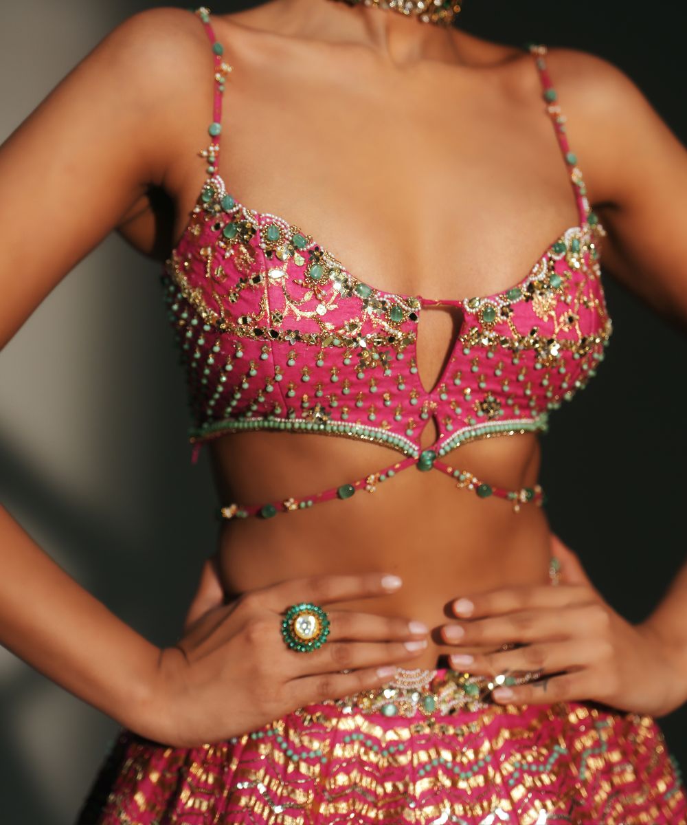 KOMAL- HEAVY HAND EMBROIDERED RANI PINK KALI LEHENGA - Mehfil by Mahima Mahajan