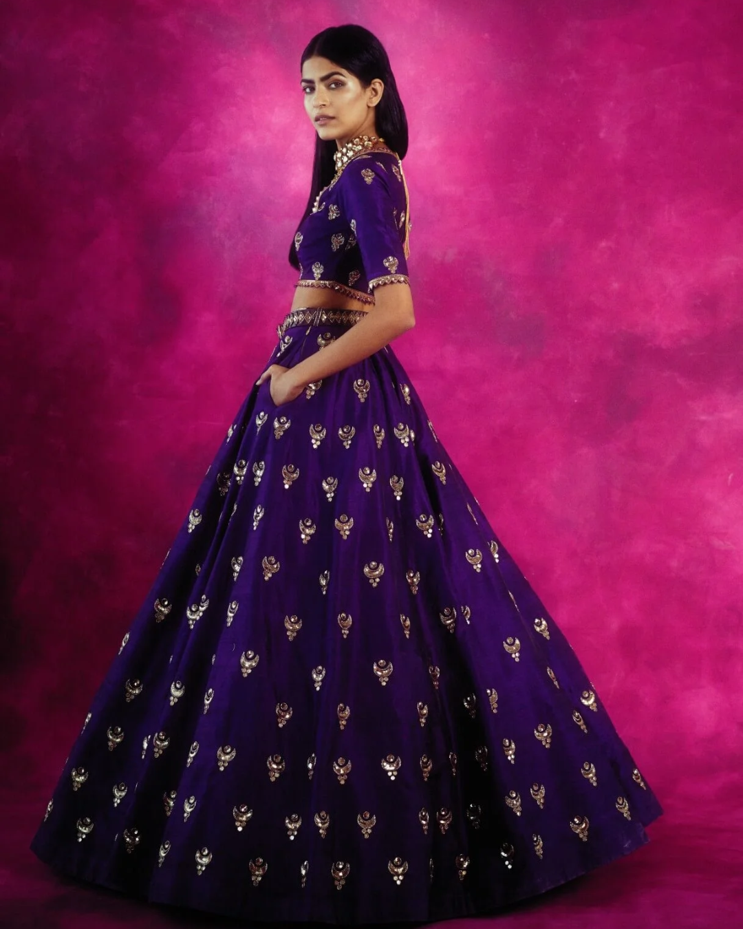 Vvani Vats - Purple Chand Boota Crop Top Skirt Set from Chand