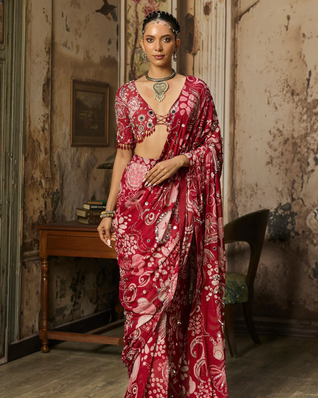 Diya Rajvvir - Scarlet Red Printed And Highlighted Classic Saree Set from Bahaar