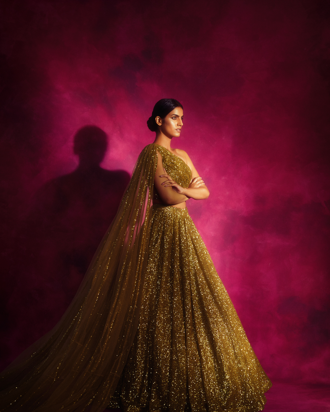 Vvani Vats - Dull Gold One Shoulder Veil Lehnga Set from Chand