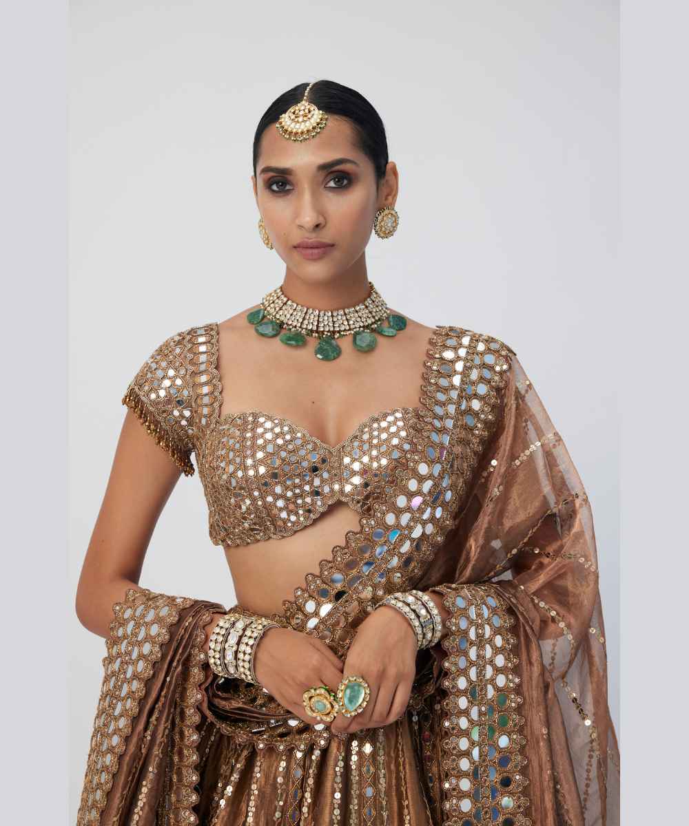 Copper Shimmer Organza Linear Lehenga Set