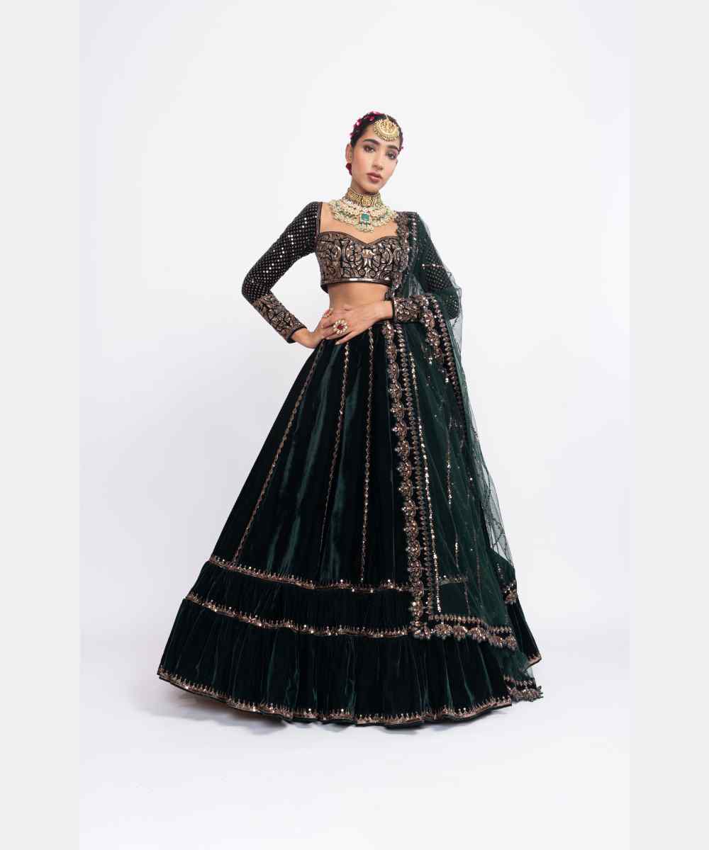 Deep green double tier lehenga set