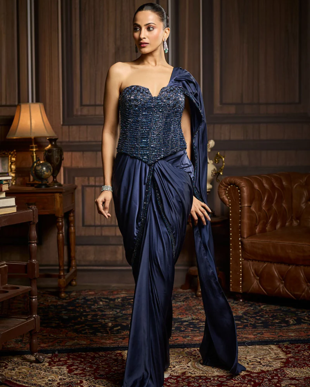 Diya Rajvvir - Midnight Blue Embellished Corset And Solid Draped Dhoti Saree Set from Taara