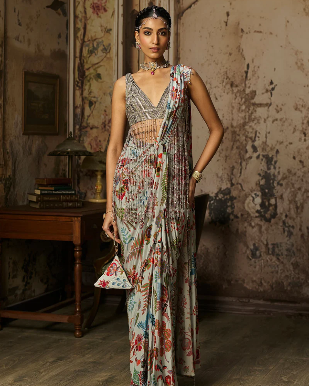 Diya Rajvvir - Slate Grey Embroidered Blouse With Dhoti Skirt Saree Set from Bahaar