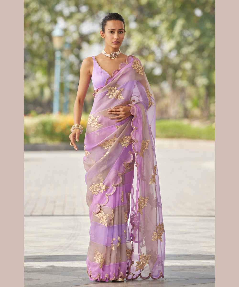 Mauve multicolor Flower Saree Set