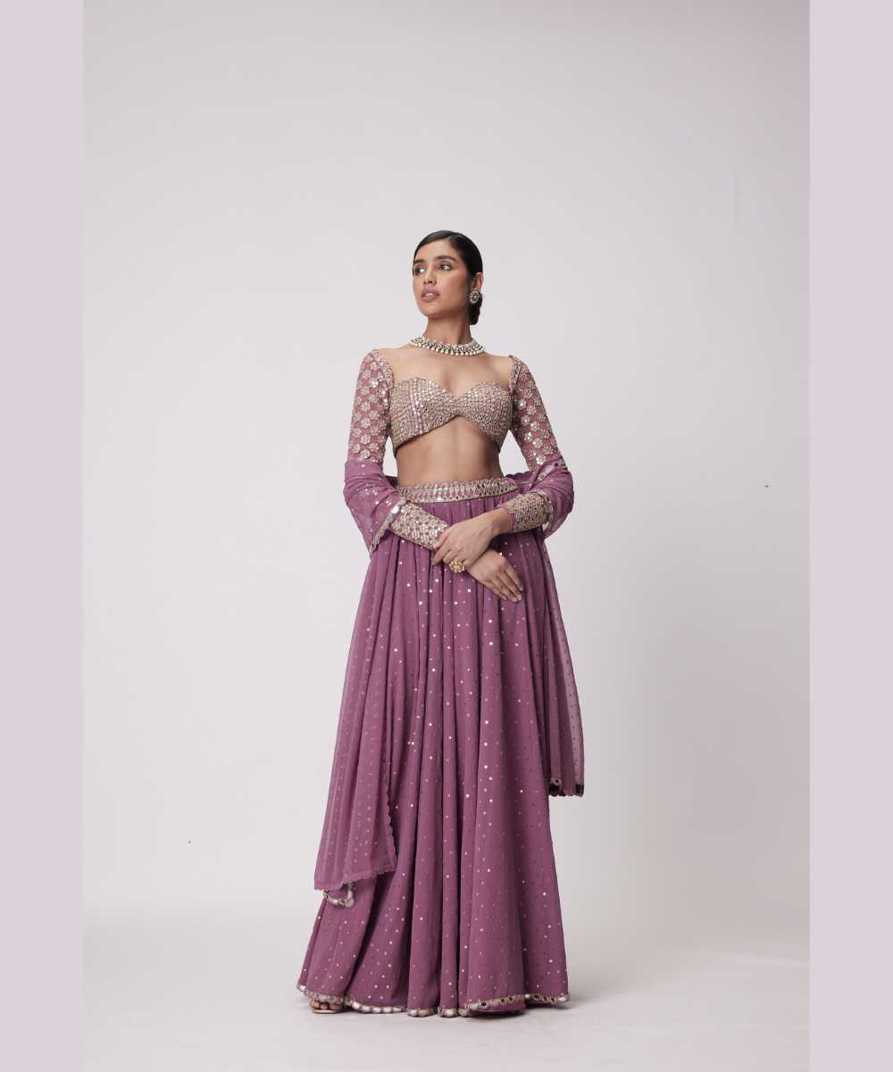 MUD  MAUVE MIRROR EMBROIDERED LEHENGA PANTS SET - Jugmug Bride by Vvani Vats