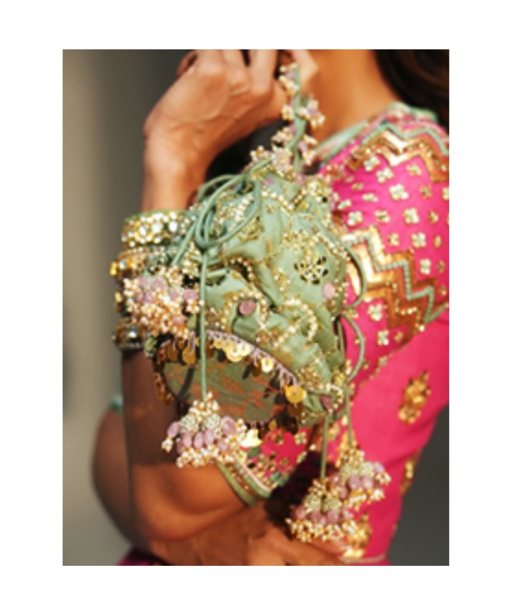 PISTA GREEN HAND EMBROIDERED POTLI BAG - Mehfil by Mahima Mahajan