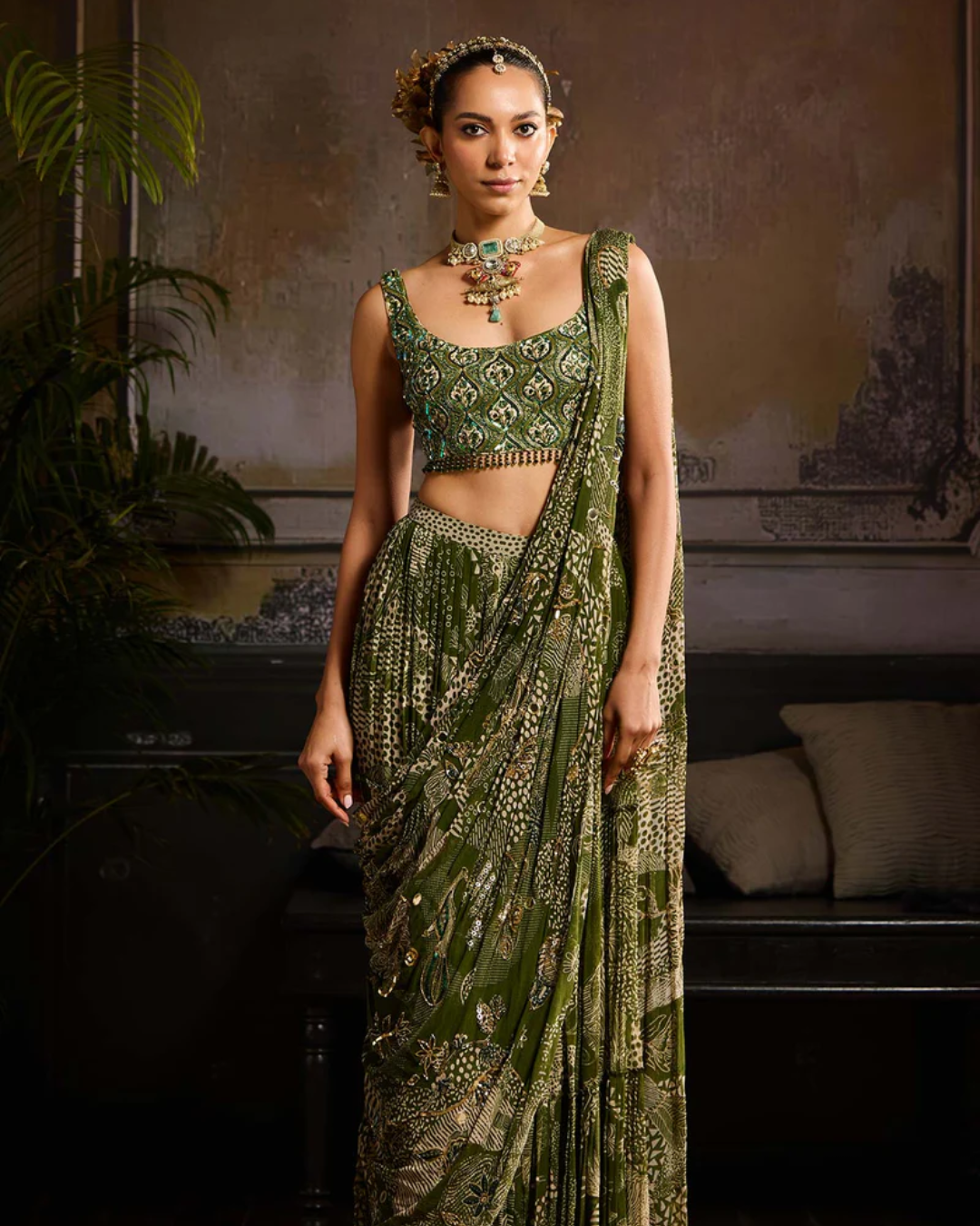 Diya Rajvvir - Sage Green Print and Highlighted Skirt Saree Set from Bahaar