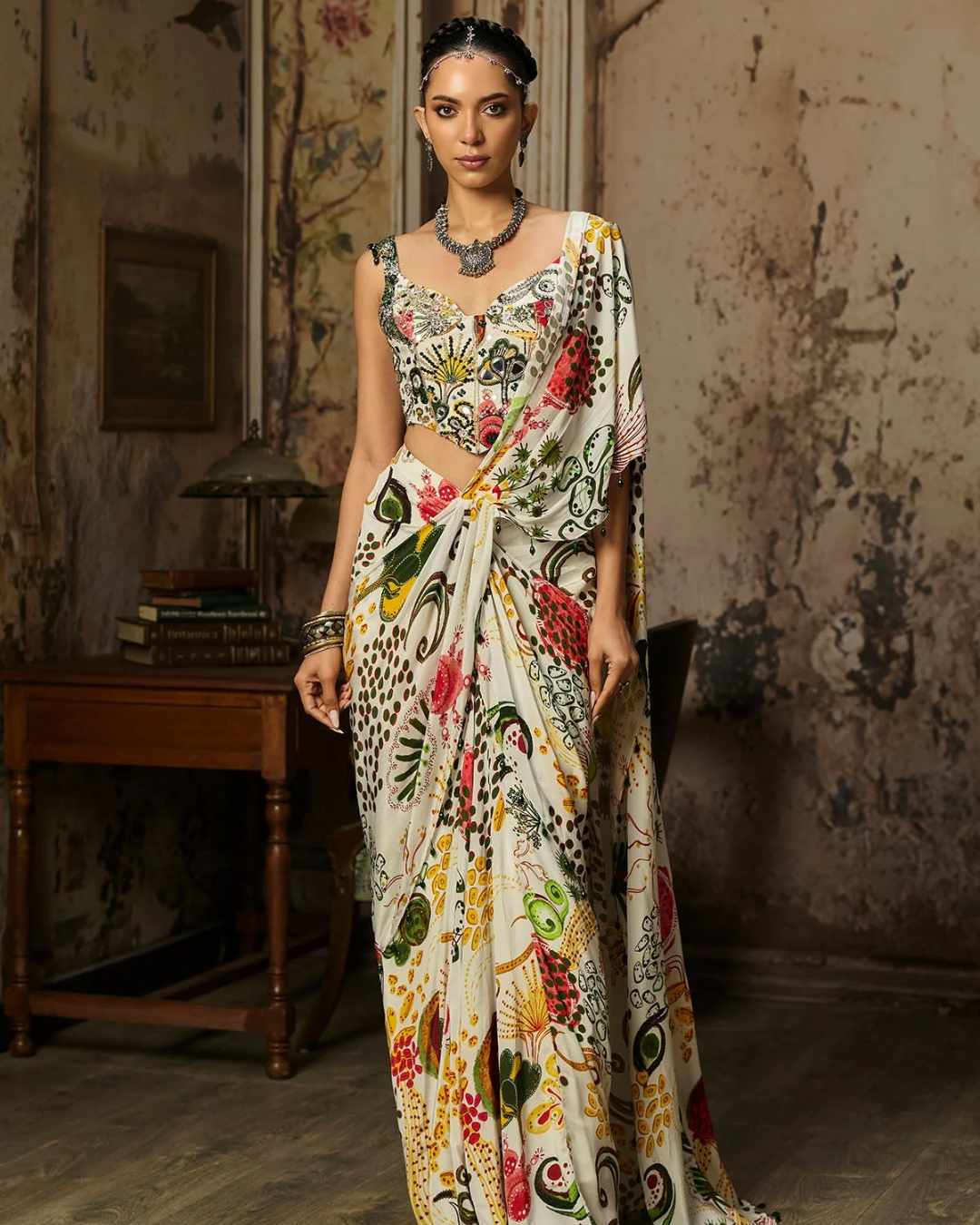 Diya Rajvvir - Ivory Print And Highlighted Corset With Dhoti Skirt Saree Set from Bahaar