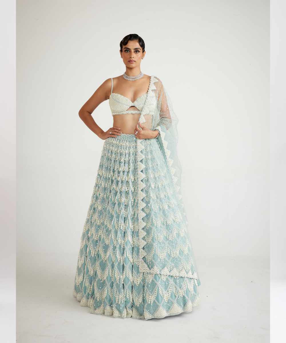 Powder Blue Chandelier Pearl Drop Lehenga Set - Collection name Piroi by Vvani vats