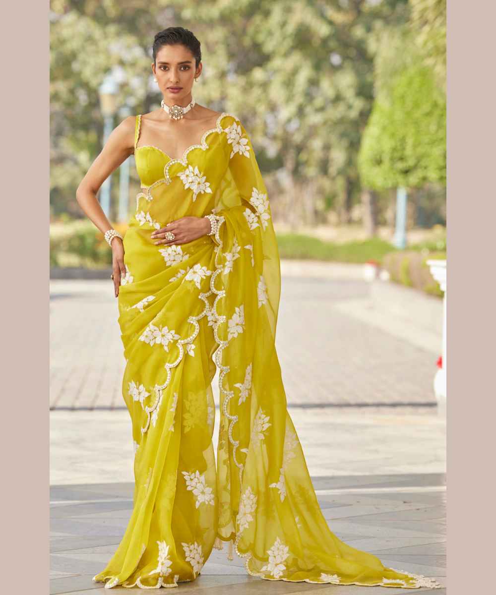 Moss Green Flower Saree Set