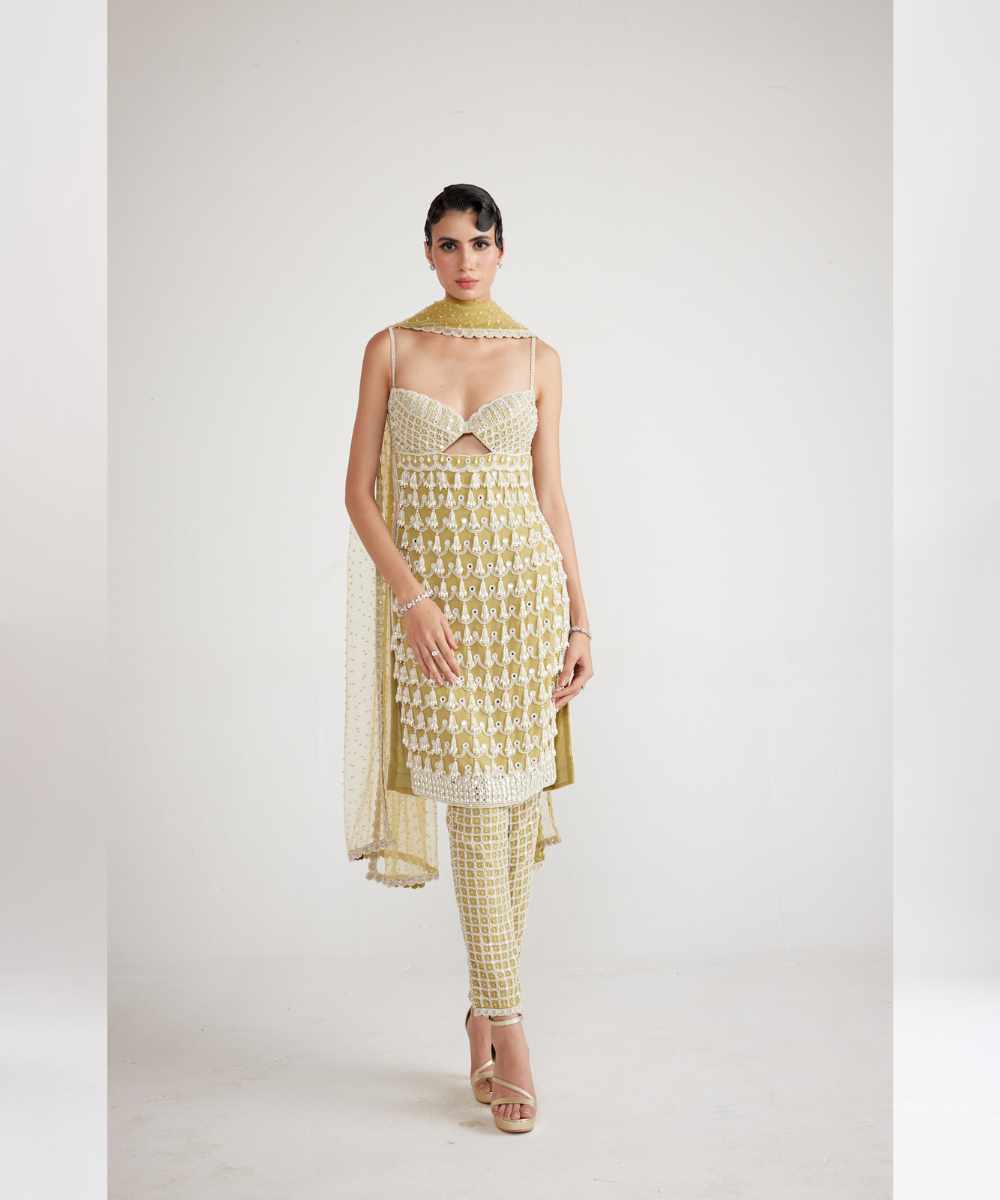 Fern Green Chandelier Pearl Drop Kurta Set -  Collection name Piroi by Vvani vats