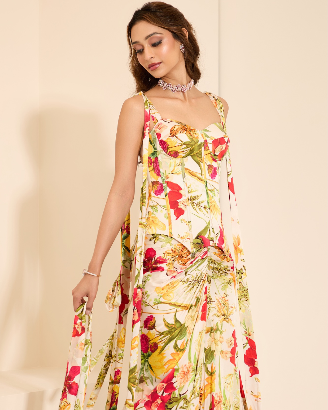 K&A by Karishma and Ashita - Ivory Blossom Corset With Skirt and Stole