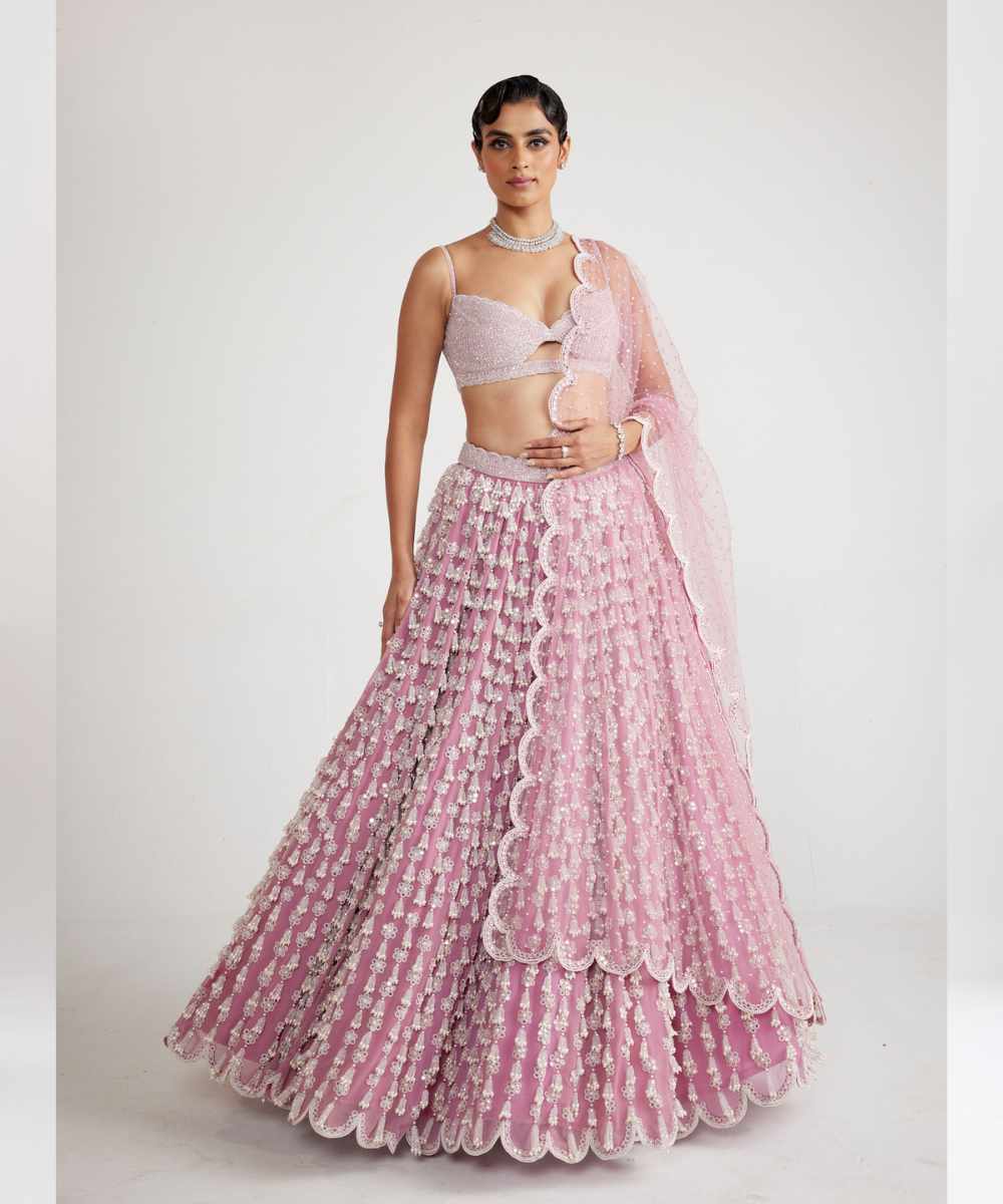 Onion Pink Chandelier Pearl Drop Lehenga Set -  Collection name Piroi by Vvani vats