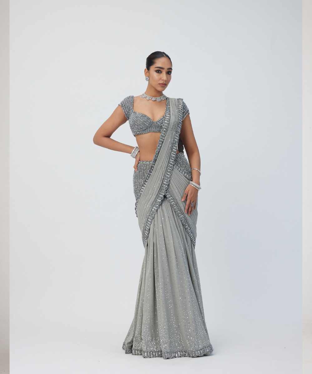 Crystal Grey Sequins Embroidered Saree Set -  Collection name Maya by Vvani Vats
