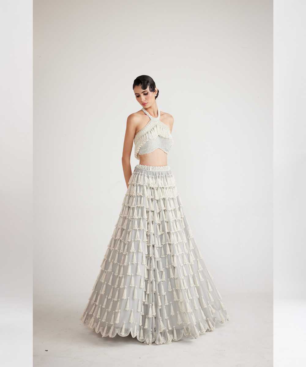 Powder Grey Chandelier Pearl Drop Crop Top Skirt Set - Collection name Piroi by Vvani vats
