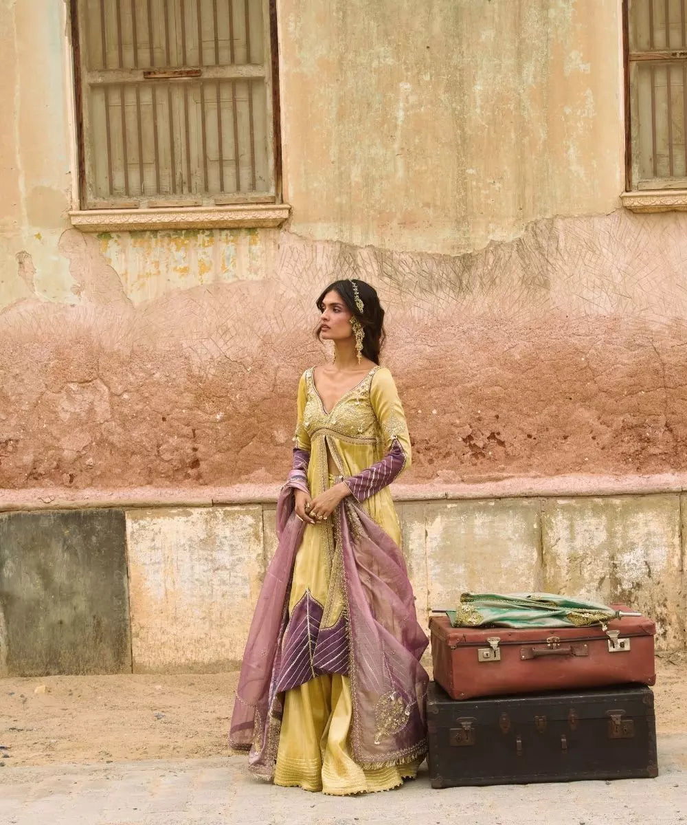 Aditi Gupta - Lemon Yellow pure zari tissue Jacket with Sharara and tissue Dupatta