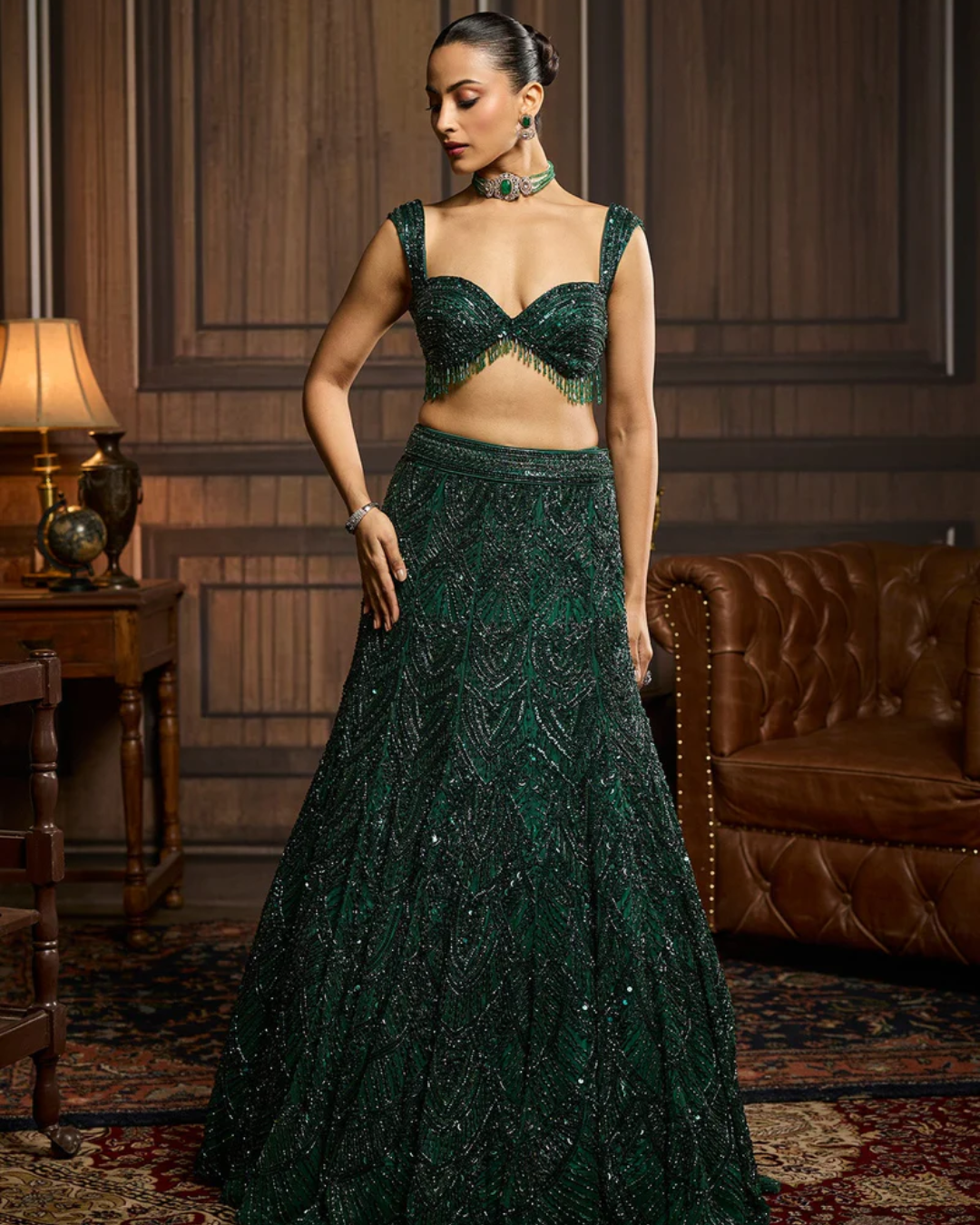 Diya Rajvvir - Emerald Green Embellished Mermaid Skirt Set from Taara