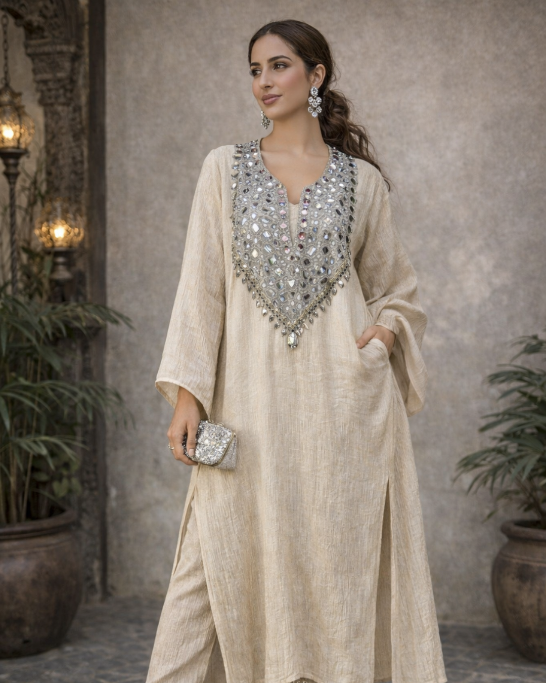 Banjara Trail - Creamlight Diamond Kaftan Set