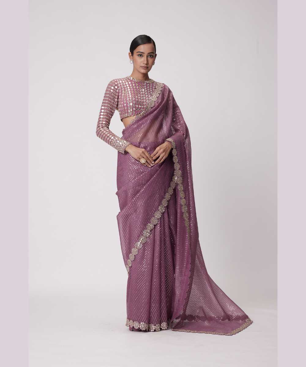 MUD  MAUVE HAND EMBROIDERED SAREE SET -  Jugmug Bride by Vvani Vats