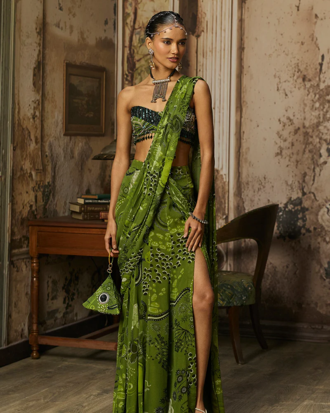 Diya Rajvvir - Pear Green Printed And Highlighted Pre-Draped Slit Skirt Saree Set from Bahaar