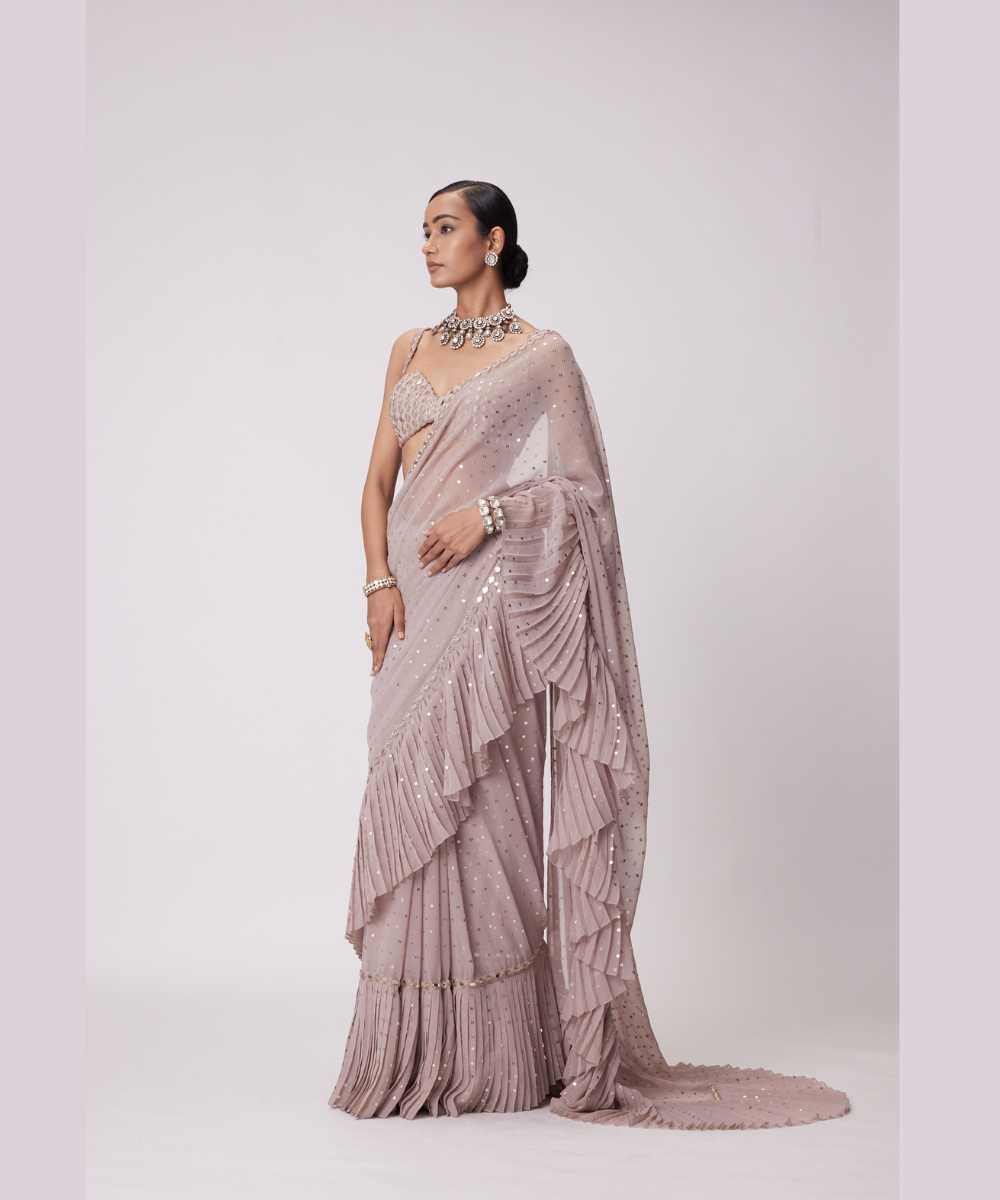 ASH PINK FRILL SAREE SET -  Jugmug Bride by Vvani Vats