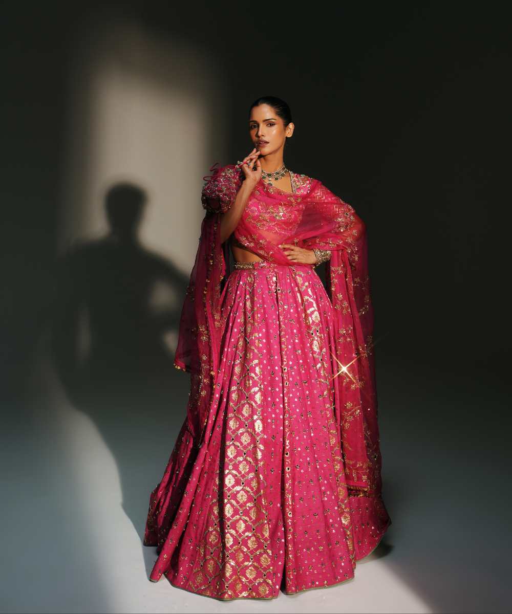 SRI - HEAVY HAND EMBROIDERED LEHENGA SET FEATURING DRAGON FLY LOGO ON BELT - Mehfil by Mahima Mahajan