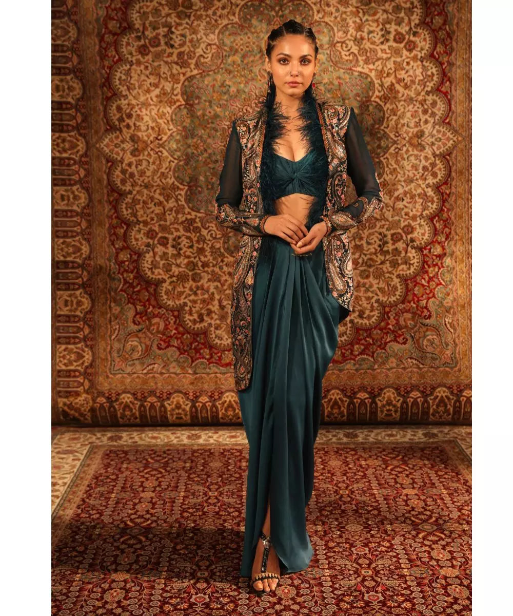 ADITI GUPTA - Teal jamawaar Jacket with Fur Blouse and Draped Skirt