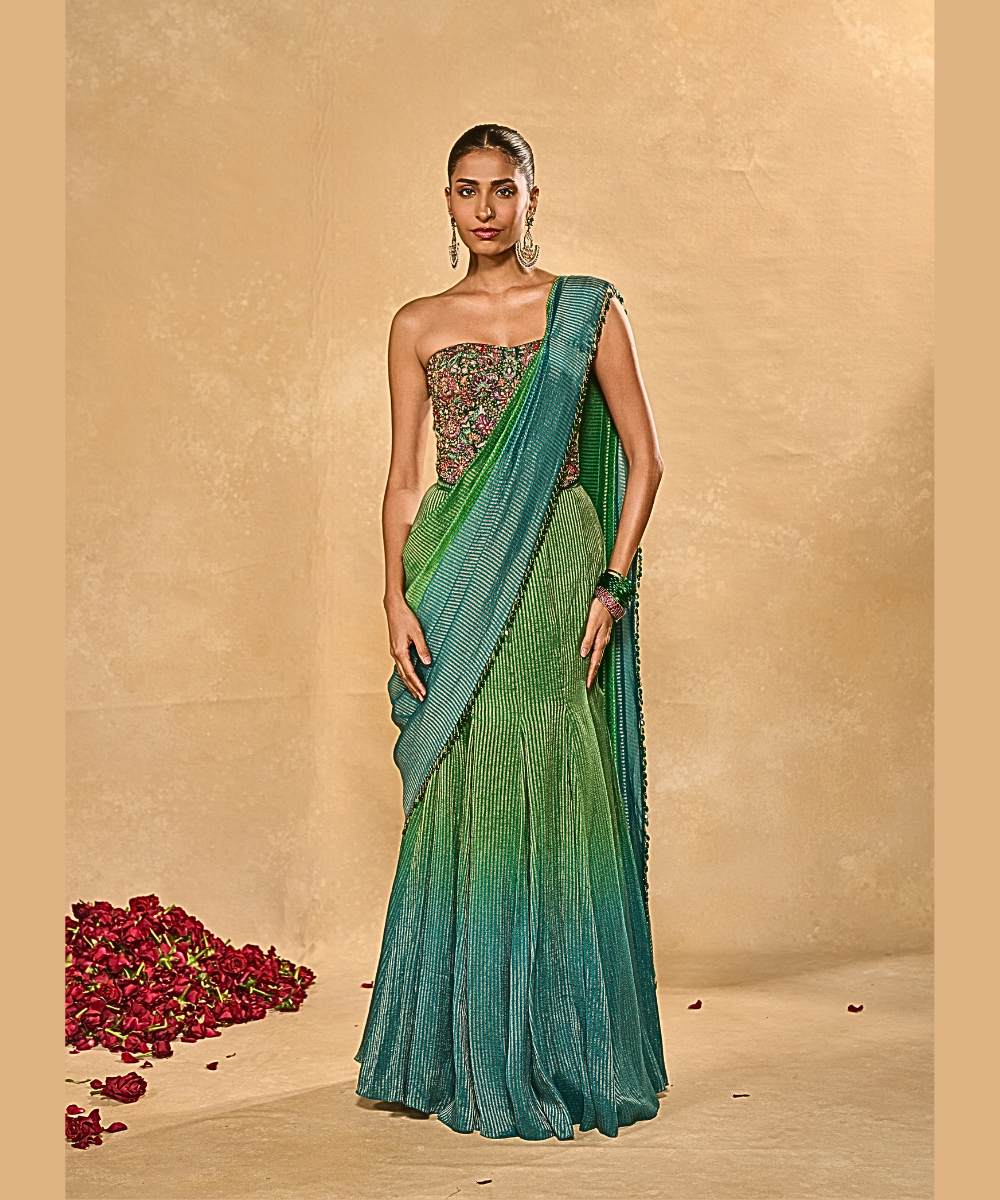 ASMA SAREE - Green to blue ombre tissue jamewar pre-draped saree -  Leher by Chamee and Palak