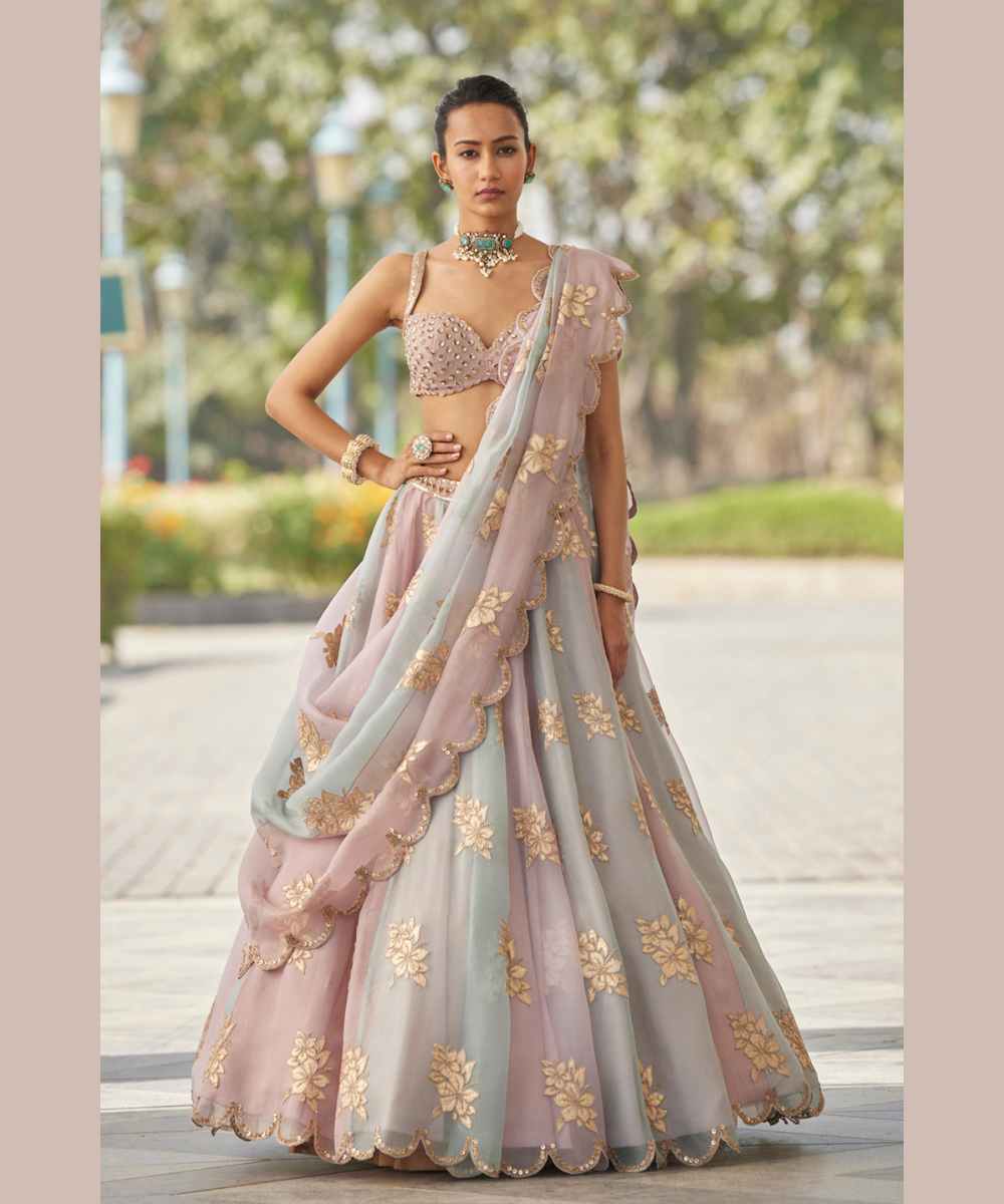 Ash Pink Flower Lehenga Set