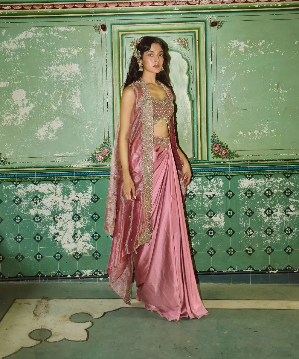 Aditi Gupta - Blush Pink Drape Satin Skirt  Set with Cape