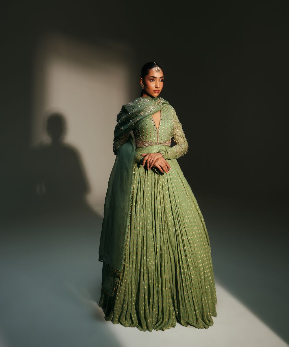 CHAYA - GREEN FULL SLEEVES ANARKALI PAIRED WITH MATCHING DUPATTA - Mehfil by Mahima Mahajan