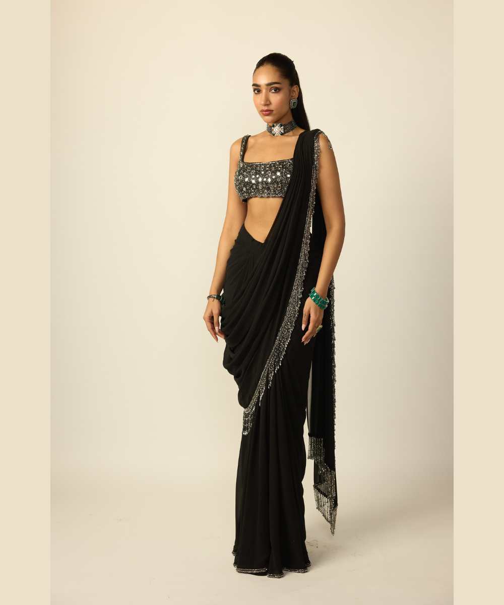 Black Georgette Tassel Saree